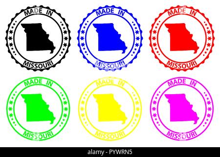 Made in Missouri - rubber stamp - vector, Missouri (United States of America) map pattern - black, blue, green, yellow, purple and red Stock Vector