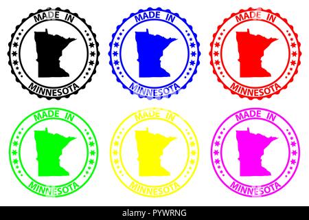 Made in Minnesota - rubber stamp - vector, Minnesota (United States of America) map pattern - black, blue, green, yellow, purple and red Stock Vector