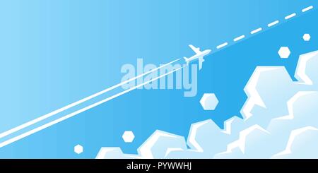 White plane flying with trail in blue sky with clouds vector illustration. Airplane is flying in the sky on the route. White passenger airplane with c Stock Vector