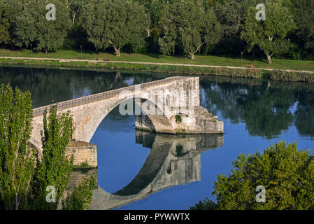 Reflection of the Pont Saint-Bénézet / Pont d'Avignon in water of the Rhône river, Avignon, Vaucluse, Provence-Alpes-Côte d'Azur, France Stock Photo