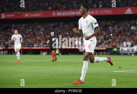 England's Marcus Rashford celebrates scoring his side's second goal of the game during the Nations League match at Benito Villamarin Stadium, Seville. Stock Photo