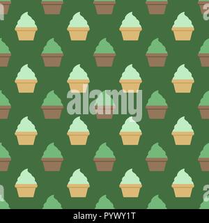 Mint cream cup cake seamless green pattern Stock Vector