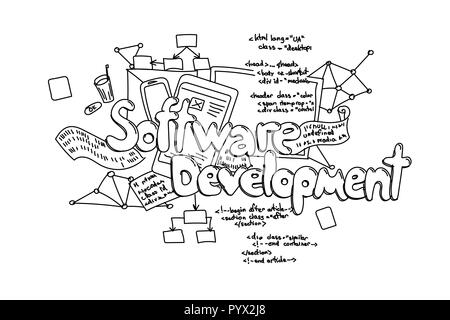 Software development, vector hand drawn illustration isolated on white background Stock Vector