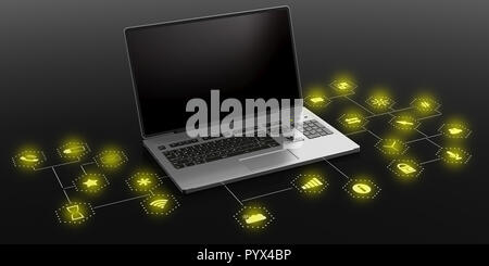 Laptop with blank screen on black background with app icons, copy space. 3d illustration Stock Photo