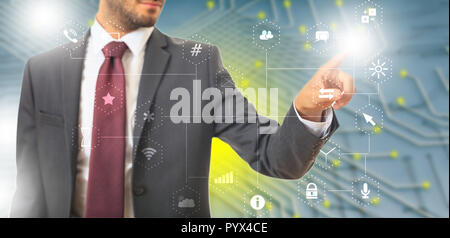 Man in suit pointing at app icons on abstract network connection background. 3d illustration Stock Photo