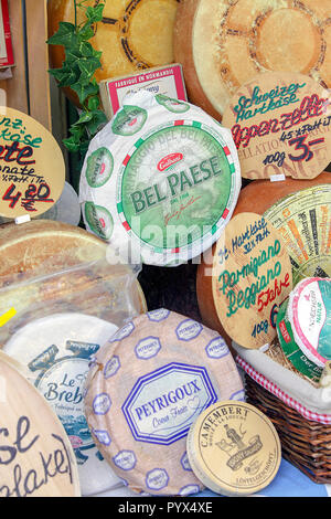 Different varieties of Continental cheeses on display and for sale in the Viktualienmarkt in Munich, Germany. Stock Photo