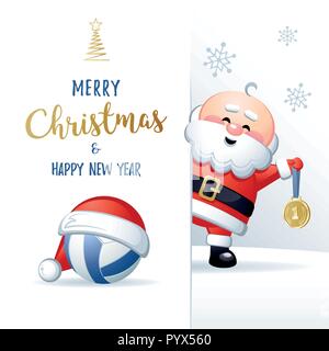 Merry Christmas and Happy New Year. Sports greeting card. Cute Santa Claus with Volleyball ball and Gold medal. Vector illustration. Stock Vector