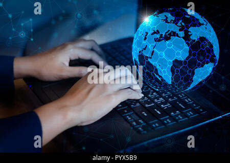 Press enter button on the computer. business logistics Communication network World map send message Connect worldwide hand keyboard Communications net Stock Photo