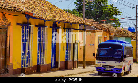 TRINIDAD, CUBA - MAY 25, 2014: Bus on the street of Trinidad, Cuba. Trinidad has been a UNESCO World Heritage site since 1988. Stock Photo