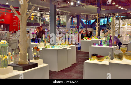 Inside gallery space for glass art at Corning Museum of Glass, Corning, Finger Lake region, New York, USA Stock Photo