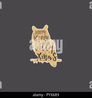 Vintage hand drawn owl with Christmas lettering inside. Silhouette wild animal design. Jolly Xmas wishes. Typography and calligraphy style. Stock vector isolated on dark background Stock Vector
