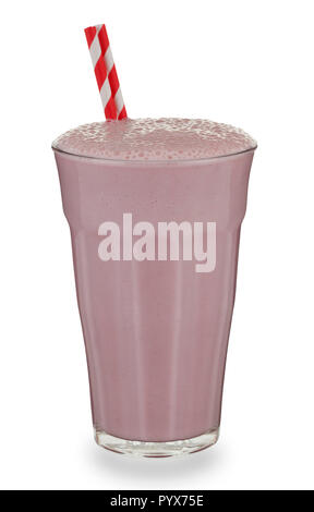 Glass of strawberry Milkshake and straw, with drop shadow Stock Photo