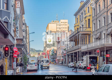 CAPE TOWN, SOUTH AFRICA, AUGUST 17, 2018: The view in Long Street in Cape Town towards Table Mountain. People and vehicles are visible Stock Photo