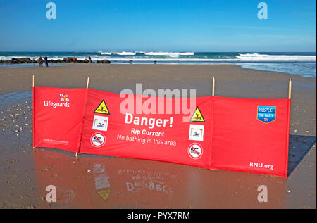 warning danger safety information sign no bathing rip current, porthtowan beach, cornwall, england, uk, Stock Photo
