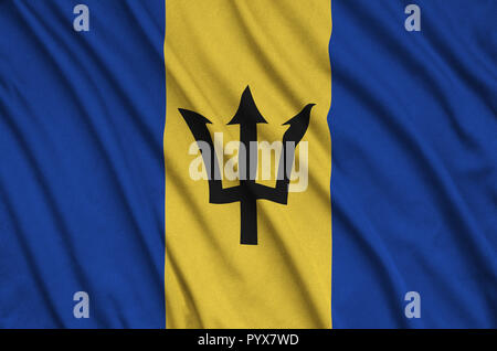 Barbados flag  is depicted on a sports cloth fabric with many folds. Sport team waving banner Stock Photo