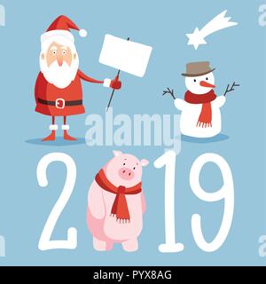 Christmas and New Year 2019 cute icons set. Santa with board sign, snowman and pig isolated vector illustrations. Flat design. Stock Vector