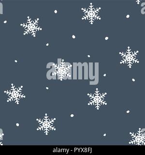 Simple blue festive seamless pattern with hand drawn white snowflakes. Christmas winter design. With falling snowVector illustration background. Stock Vector