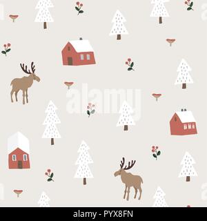 Cute festive Christmas seamless pattern with moose, red houses, snow fir trees and berries. Hand drawn kids nordic design. Winter vector illustration background. Stock Vector