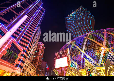 Macau, China - December 8, 2016: neon lights Grand Lisboa Casino with the tallest tower in Macao and a colorful giant dome. Stock Photo