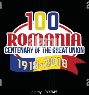 100 Romania centenary of the Great Union label or sticker on black background, vector illustration Stock Vector