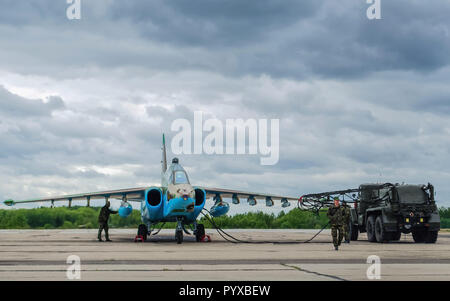 Belarus. Minsk. July 3, 2018. A Russian Sukhoi Su-25 Frogfoot ground attack aircraft  of the Belarus AirForce Stock Photo