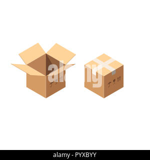 Isometric Packaging Carton or Cardboard Boxes Icon Set with Postal Signs - This Side Up and Fragile Isolated on White. Sealed and Uncovered Boxes. Pos Stock Photo