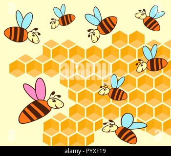 Bee queen and bees flying over honeycomb, hand drawing cartoon vector illustration Stock Vector