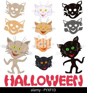 Halloween set of funny cats, feline masks and stencils of faces and Halloween inscription, vector design elements isolated on a white background Stock Vector