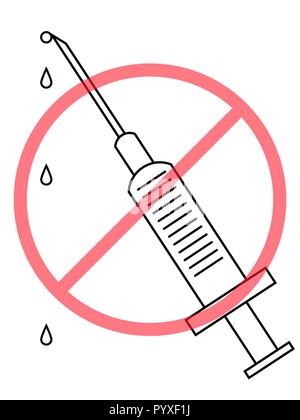 No Drugs Prohibition Sign, syringe with liquid drops and crossed forbidden red symbol, vector icon Stock Vector