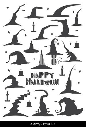 Witch Hats Set Isolated on White Background. Vector Illustration. Stock Vector