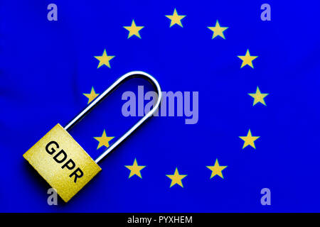 lock as symbol for Privacy and General Data Protection Regulation on blue EU flag background Stock Photo