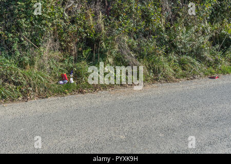 Stretch of litter-strewn country lane. Concept roadside litter UK. Keep Britain tidy. Stock Photo