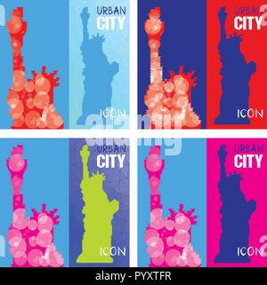 Set of Four Abstract Silhouettes of Statue of Liberty Triangulated. Triangled background. United States famous travel landmark. Colorful polygonal mon Stock Vector