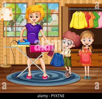Mother ironing cloth for children illustration Stock Vector