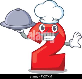 Chef with food cartoon cake birthday candle number two Stock Vector