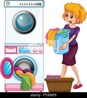 Woman doing laundry on white background illustration Stock Vector