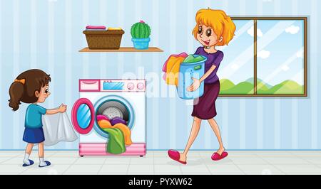 Mother and daughter doing laundry illustration Stock Vector