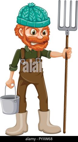 Farmer man with pitchfork and bucket. Vector background, banner, poster ...