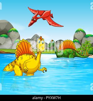Prehistoric dinosaurs in a water scene illustration Stock Vector