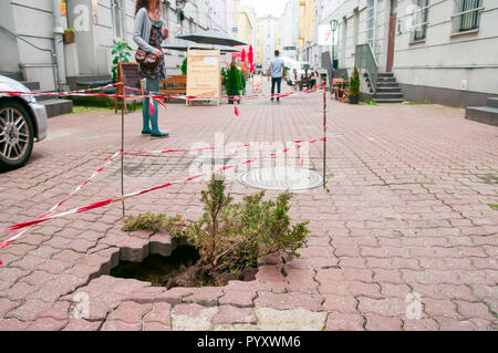 Lodz, Poland, July 2018. A hole in the sidewalk with a growing bush inside, fenced off the red and white tape. Stock Photo