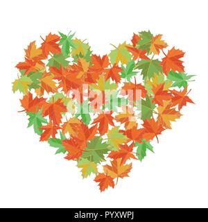 Maple leaves in the shape of heart. Vector illustration. I love autumn. Greeting card. Green and orange colors. Stock Vector