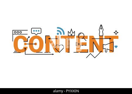 Content word lettering typography design illustration with line icons and ornaments in orange theme Stock Vector