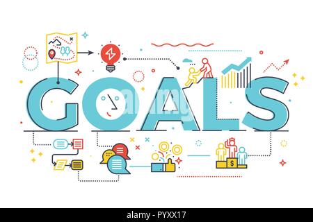 Goal word in business concept,lettering design illustration with line icons and ornaments in blue theme Stock Vector