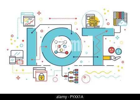 Internet of things, internet computer technology concept word lettering design illustration with line icons and ornaments in blue theme Stock Vector