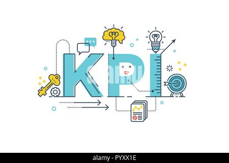 KPI : Key Performance Indicator word lettering typography design illustration with line icons and ornaments in blue theme Stock Vector