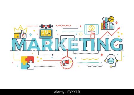 Marketing word in business concept,lettering design illustration with line icons and ornaments in blue theme Stock Vector