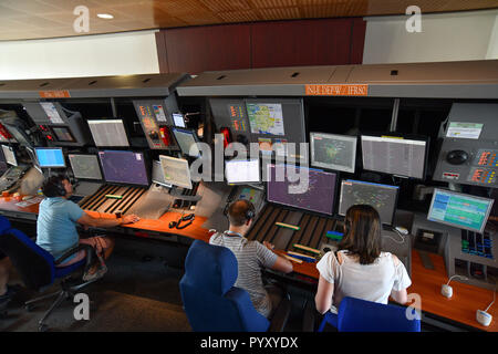 Colombier-Saugnieu (south-eastern France). Lyon Saint-Exupery airport. Air traffic control, French Civil Aviation Authority (DGAC). Operators (man and Stock Photo