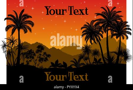 Tropical Night Landscape, Palm Trees and Exotic Plants Black Silhouettes on the Background of Mountains and Starry Sky. Eps10, Contains Transparencies. Vector Stock Vector