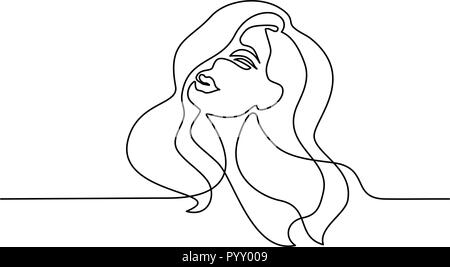 Continuous one line drawing. Abstract portrait of pretty young woman with beautiful hair. Vector illustration Stock Vector