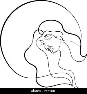 Continuous one different wide line drawing. Abstract portrait of pretty young woman with beautiful hair in round. Vector illustration Stock Vector